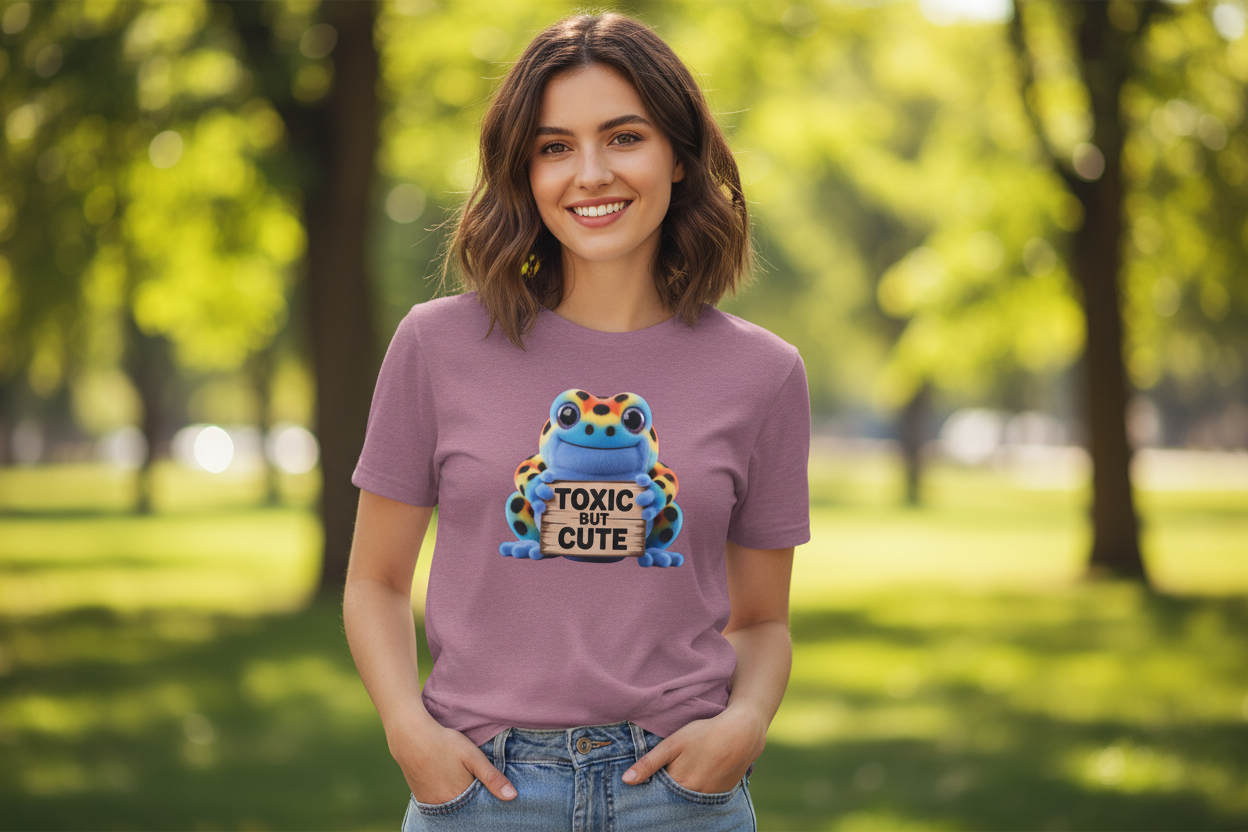 Woman in Heather Purple Toxic But Cute Shirt